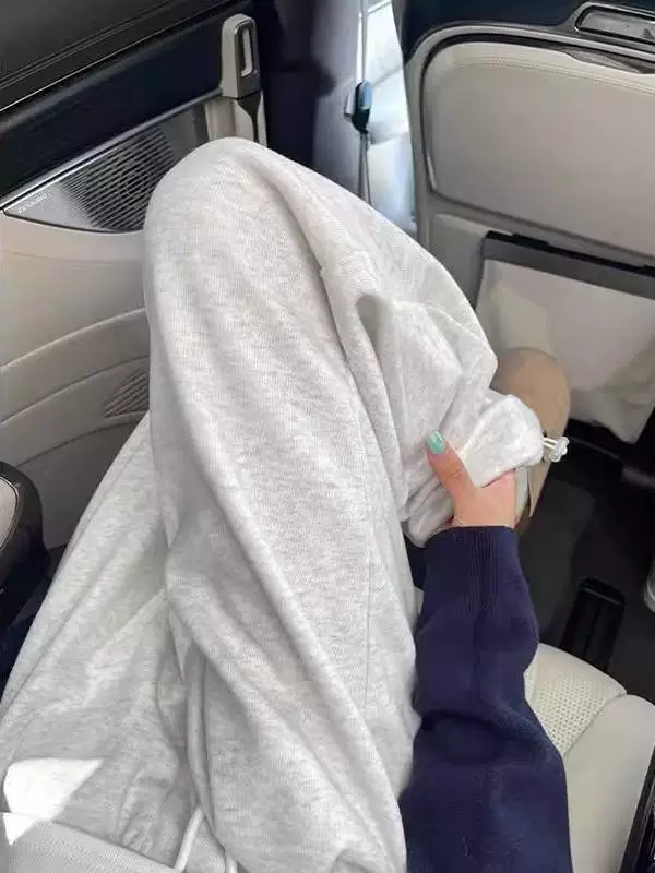 Quần thể thao màu xám bông tuyết dành cho nữ, mùa thu đông, cỡ lớn, lưng cao, dáng rộng, thon gọn, dáng quả lê, lót lông cừu, quần thể thao ống rộng.