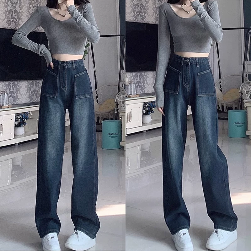 Quần jeans dáng chuông retro ống thẳng cho nữ, mẫu mới đầu thu, size lớn, cạp cao, rộng rãi, tôn dáng, ống rộng