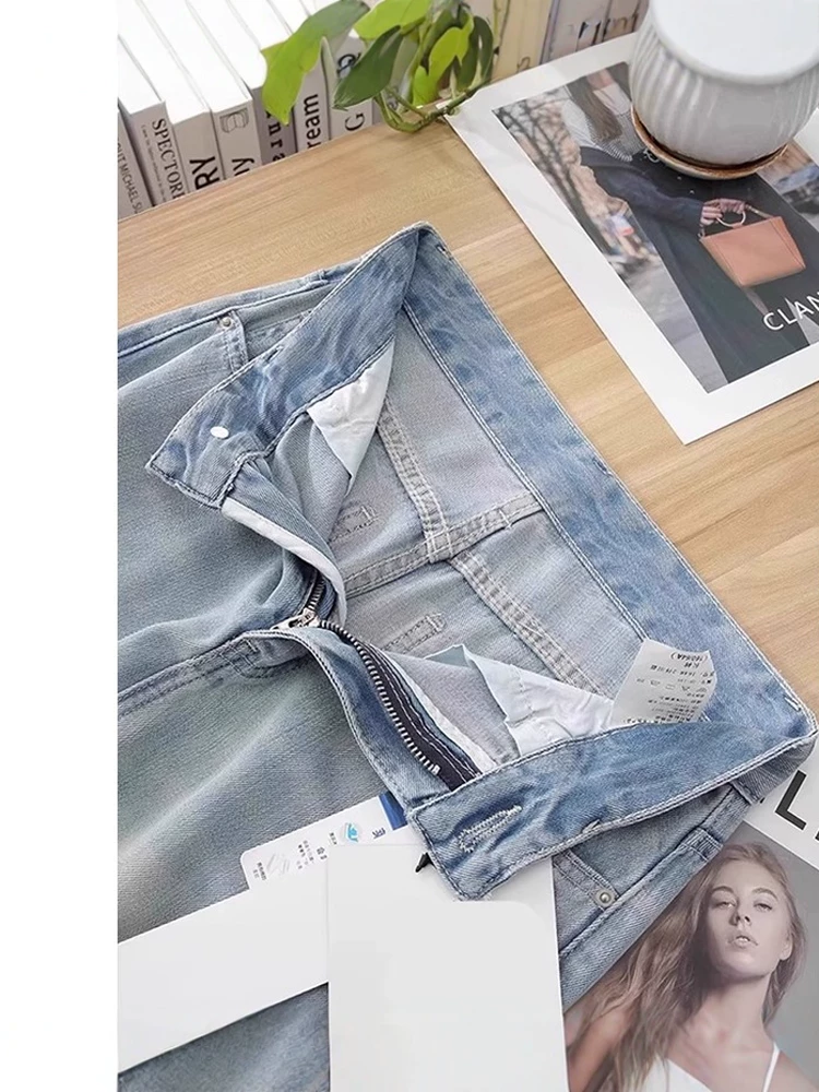 Quần jean Tencel màu xanh nhạt dành cho nữ, kiểu dáng mỏng mùa hè, cỡ lớn, lưng cao, dáng rộng, tôn dáng, quần ống rộng bằng vải lụa băng mềm mại.