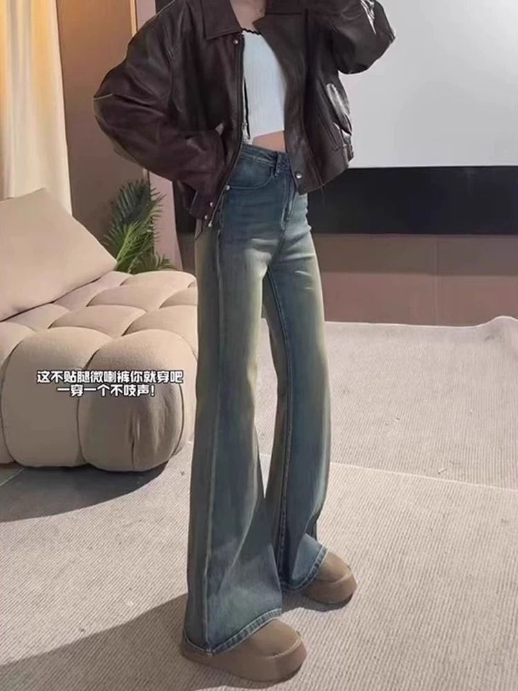 Quần jean xòe màu xanh cổ điển dành cho nữ, mùa thu đông, lót lông cừu, cỡ lớn, lưng cao, co giãn, che hông, giảm béo, quần chuông kiểu móng ngựa.