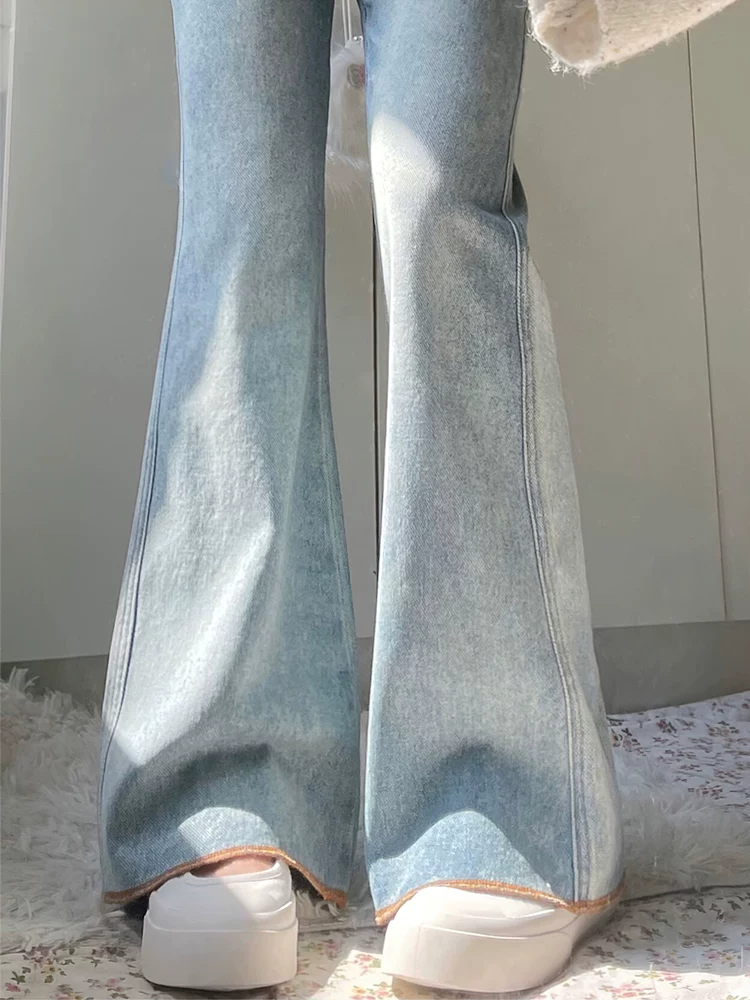Quần jean ống rộng dành cho phụ nữ cỡ lớn, kiểu mới đầu xuân, cỡ lớn, màu xanh cổ điển, lưng cao, dáng rộng, dáng thon gọn, quần dài hình móng ngựa.