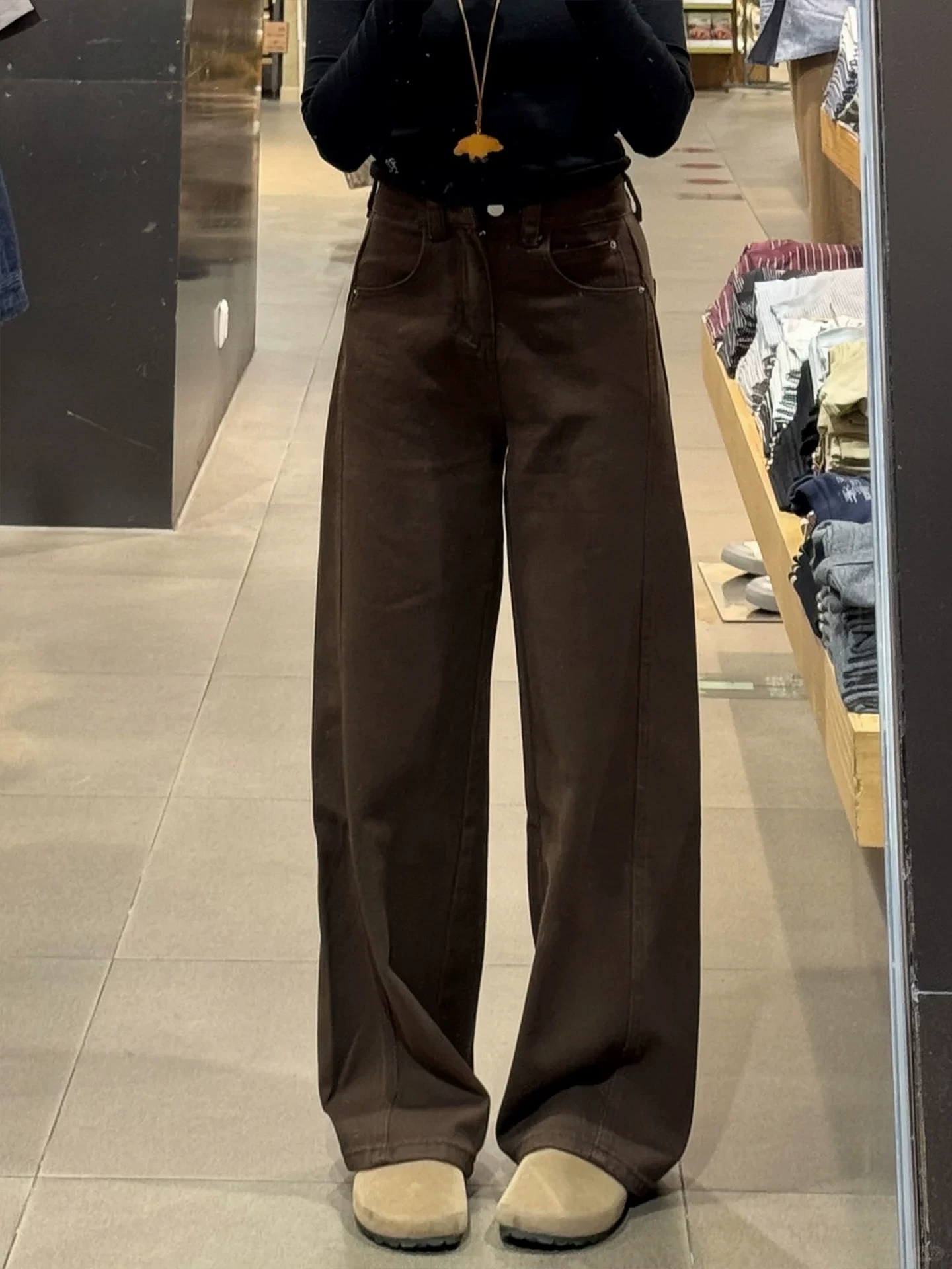 Quần jean ống rộng lót lông màu cà phê Melard dành cho nữ, mùa thu đông, cỡ lớn, lưng cao, dáng rộng, xếp nếp, quần ống thẳng.