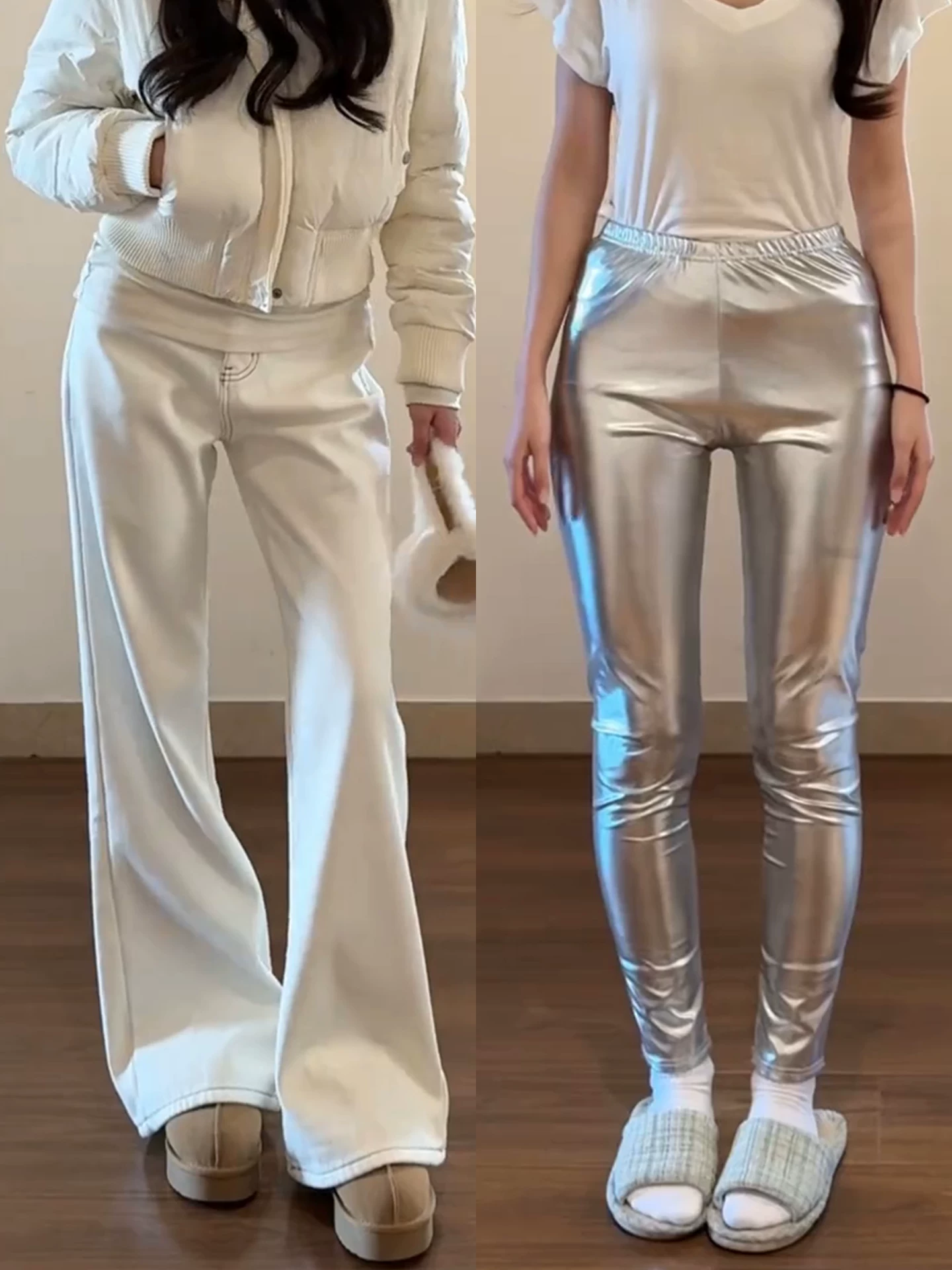 Quần jean nữ màu trắng nhạt, không bó sát, kiểu dáng loe, phong cách thu đông, cỡ lớn, lót lông cừu, cạp cao, dáng suôn, quần chuông tôn dáng.