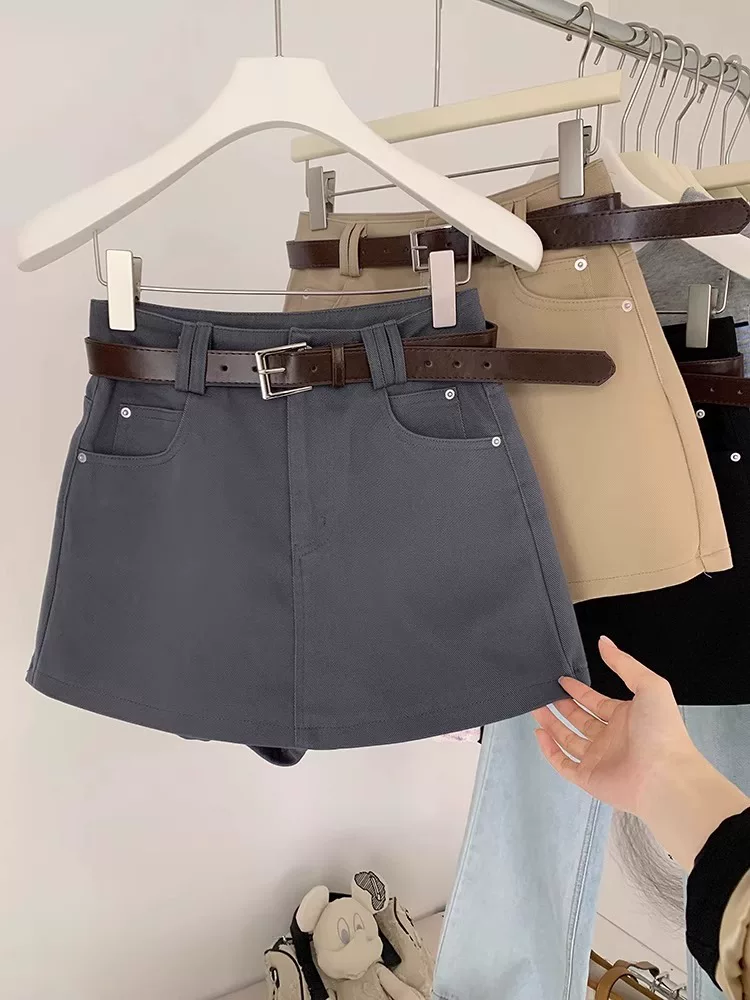Váy chữ A màu kaki dành cho nữ, size lớn mùa hè, lưng cao, thon gọn, váy ngắn chống lộ, váy nửa thân hình quả lê.