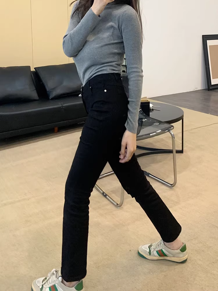 Quần jean ống đứng lưng cao dáng quả lê dành cho nữ phong cách đầu thu 2023 cỡ lớn, co giãn, che hông, quần ống đứng chín phần