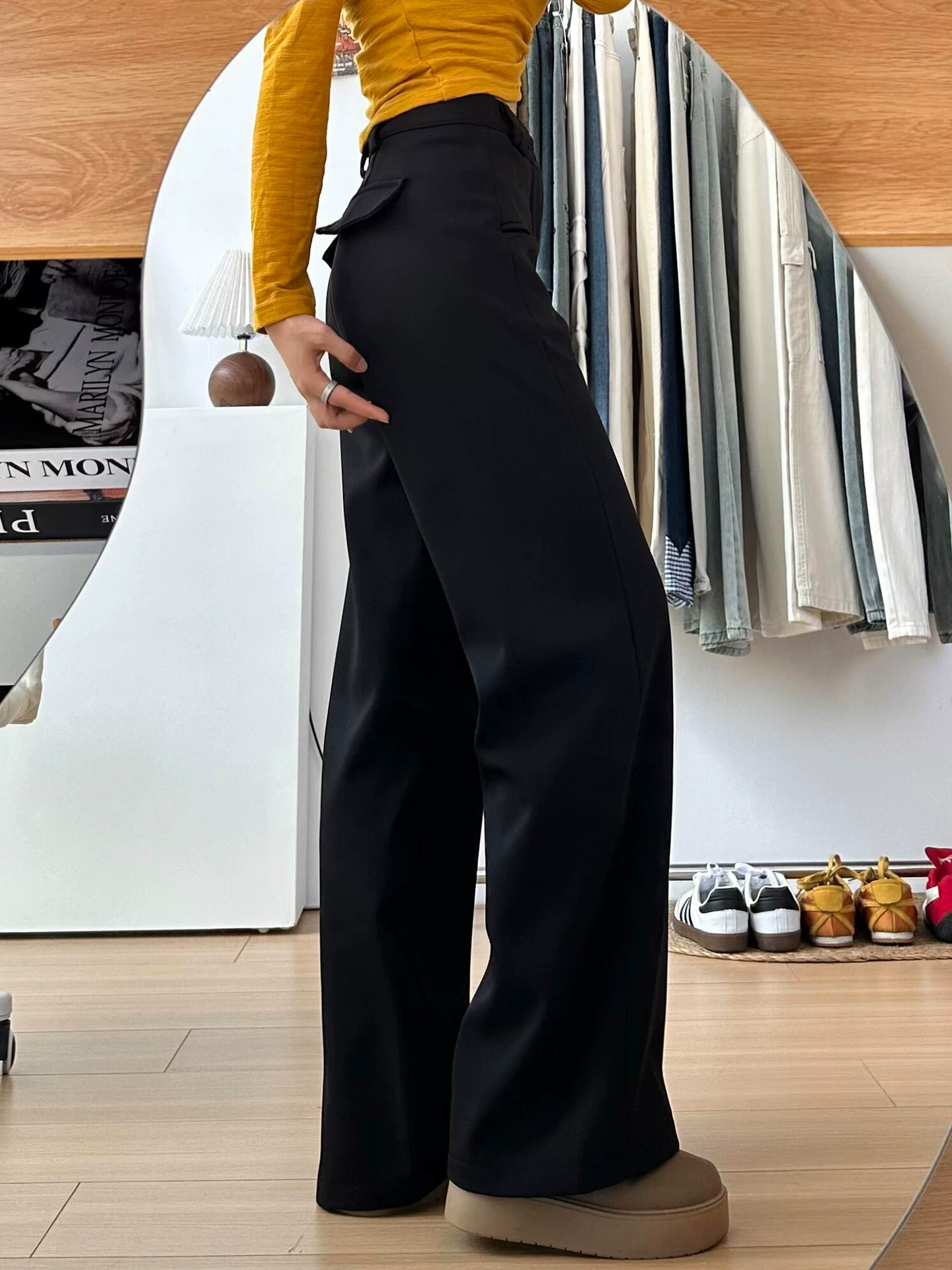 Quần âu dáng quả lê dành cho nữ, mùa thu đông, cỡ lớn, lót lông cừu, dày dặn, cạp cao, che hông, giảm béo, quần thường ngày