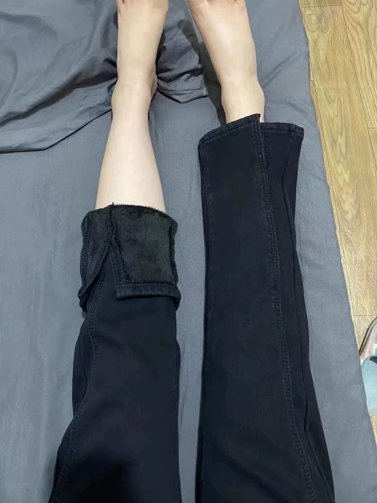 Quần jean ống đứng dáng lê dành cho nữ, size lớn mùa đông, lót lông cừu, cạp cao, che hông, tôn dáng, quần ống đứng co giãn