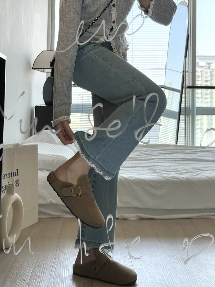 Quần jean xòe phối ren cổ điển dành cho nữ, phong cách xuân hè, cỡ lớn, eo cao, co giãn, tạo dáng thon gọn, quần xòe chín phần