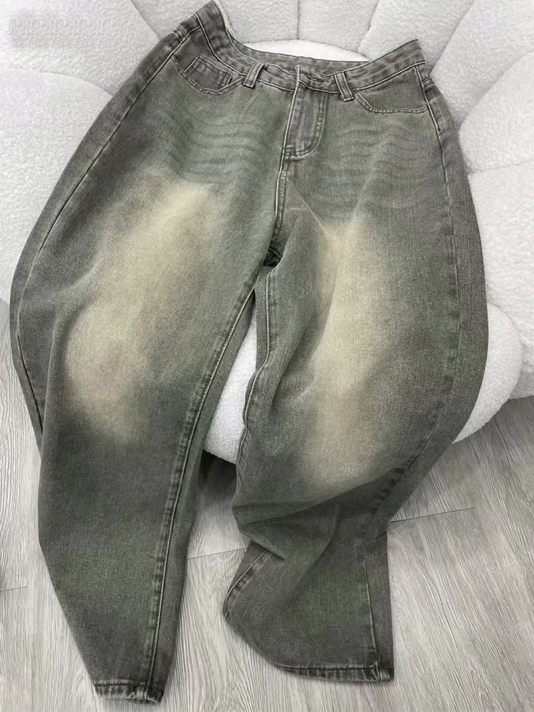Quần jean ống đứng cổ điển màu xanh bạc hà dành cho nữ, đầu thu, cỡ lớn, lưng cao, dáng rộng, dáng rộng, quần ống rộng dáng rộng