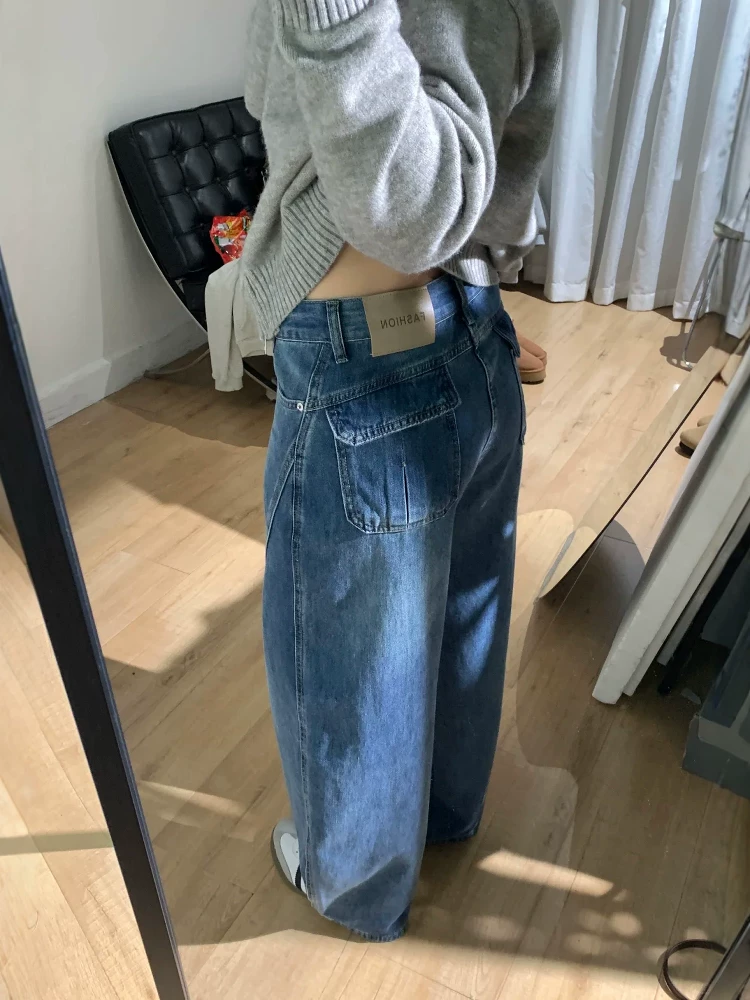 Quần jean ống thẳng màu xanh cổ điển kiểu Mỹ dành cho nữ, mùa thu đông, cỡ lớn, lưng cao, dáng rộng, dáng thon gọn, lót lông cừu, quần ống rộng.