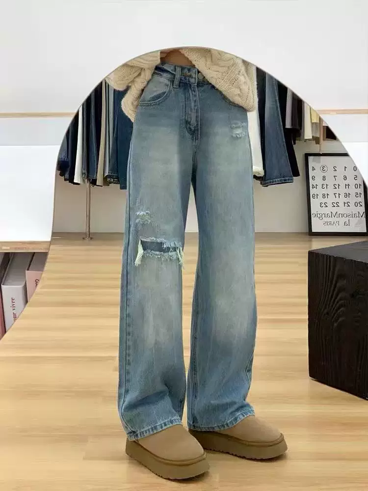 Quần jeans xanh nhạt rách gối dáng rộng dành cho nữ xuân 2025, thiết kế size lớn, cạp cao, dáng suông, tôn dáng
