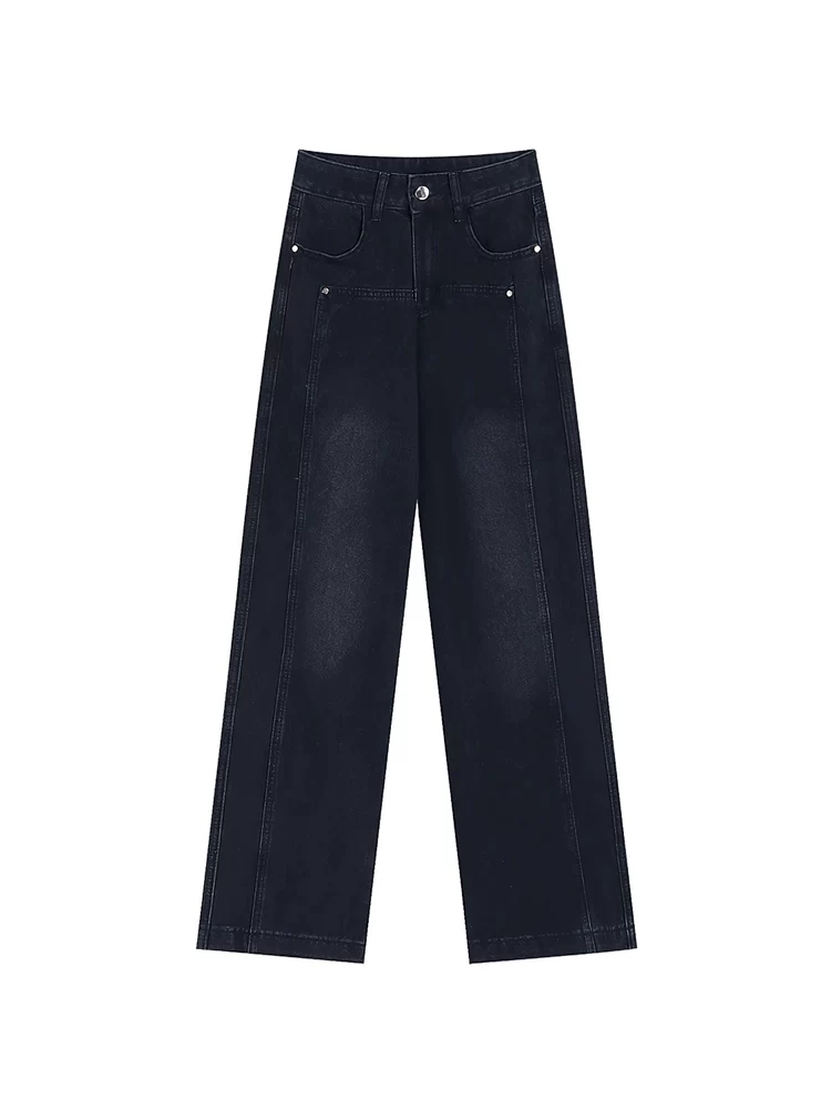 Quần jean ống thẳng dày lót lông màu đen và xám dành cho nữ, mùa thu đông, cỡ lớn, lưng cao, dáng rộng, che hông, quần ống rộng giúp giảm béo.