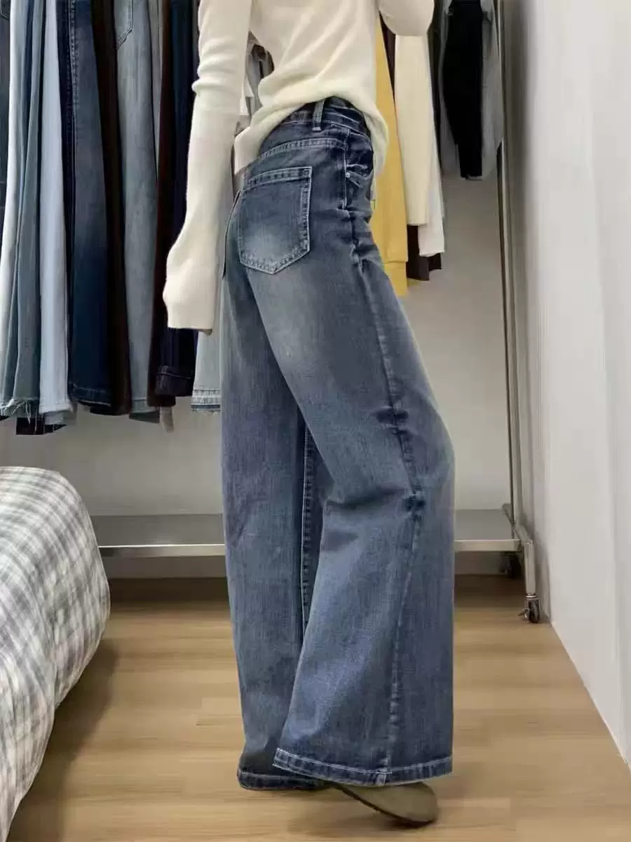 Quần jean ống loe kiểu Mỹ dành cho nữ, bộ sưu tập mùa xuân mới, cỡ lớn, lưng cao, dáng rộng, thon gọn, ống chuông, ống thẳng, quần dài chạm sàn