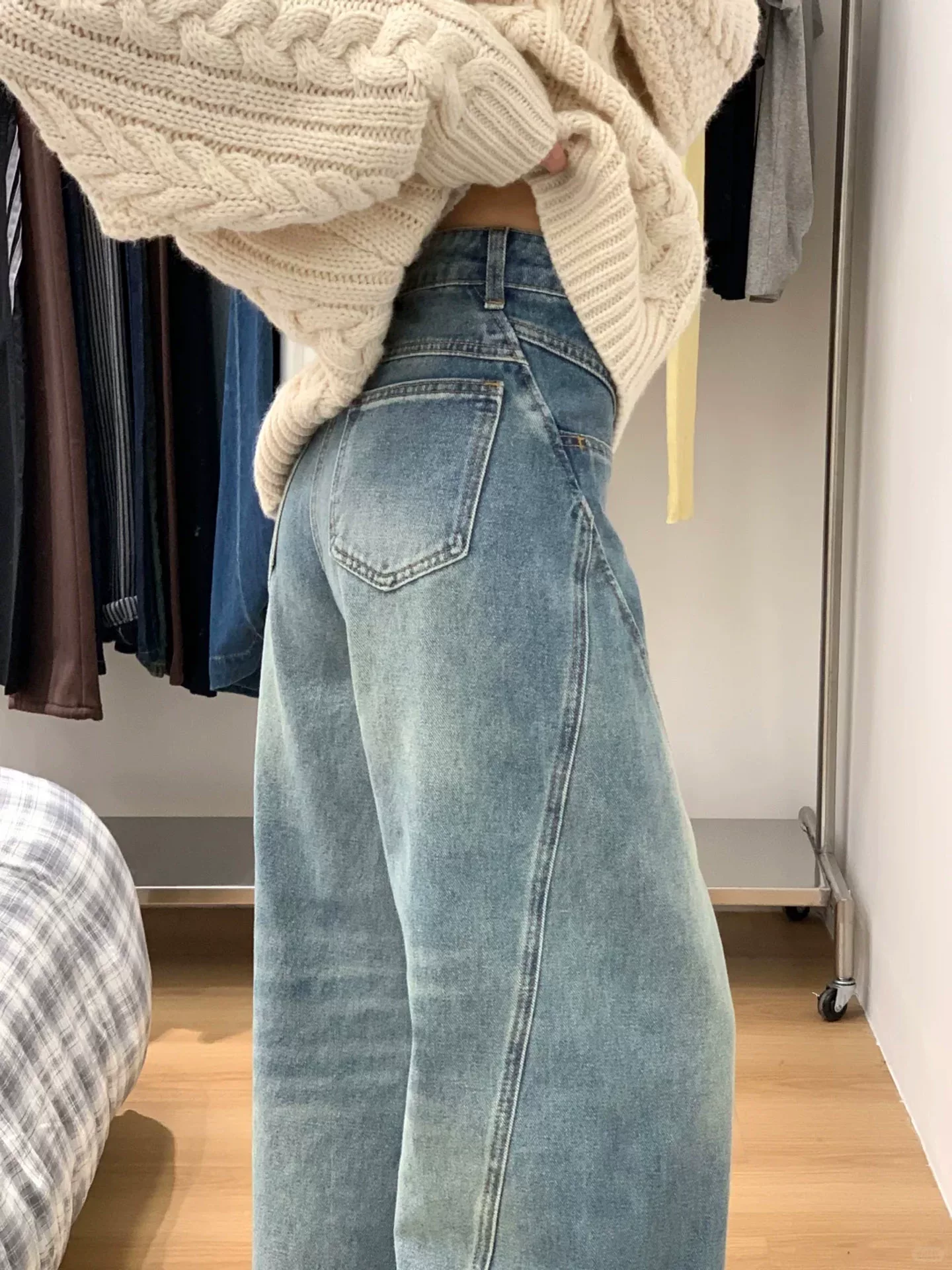 Quần jean viền cong dành cho nữ, phong cách mùa thu mới, cỡ lớn, lưng cao, dáng rộng, giảm béo, dáng quả lê, nhỏ nhắn, quần ống rộng