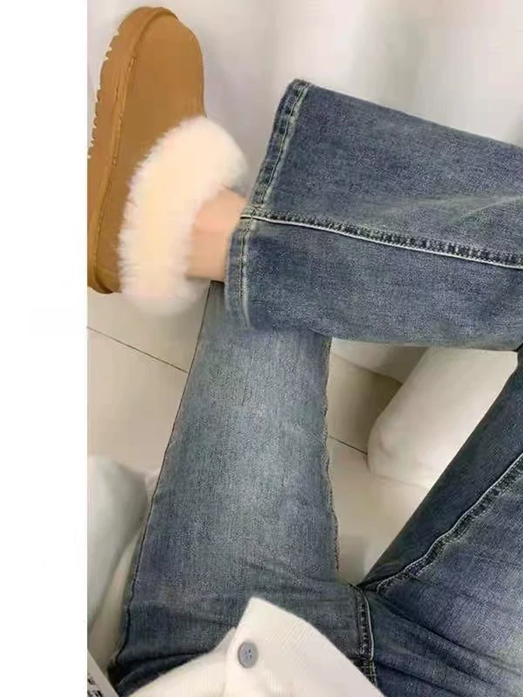 Quần jean xanh vintage dáng loe nữ, kiểu mới xuân 2025, size lớn, cạp cao, co giãn, che hông, quần ống loe tôn dáng.