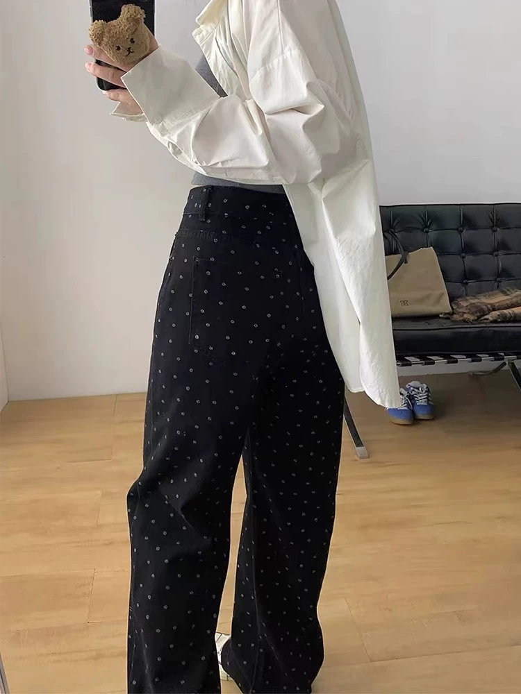 Quần jean ống đứng chấm bi hoa màu đen dành cho nữ, cỡ lớn, lưng cao, dáng rộng, che hông, giảm béo, quần ống rộng