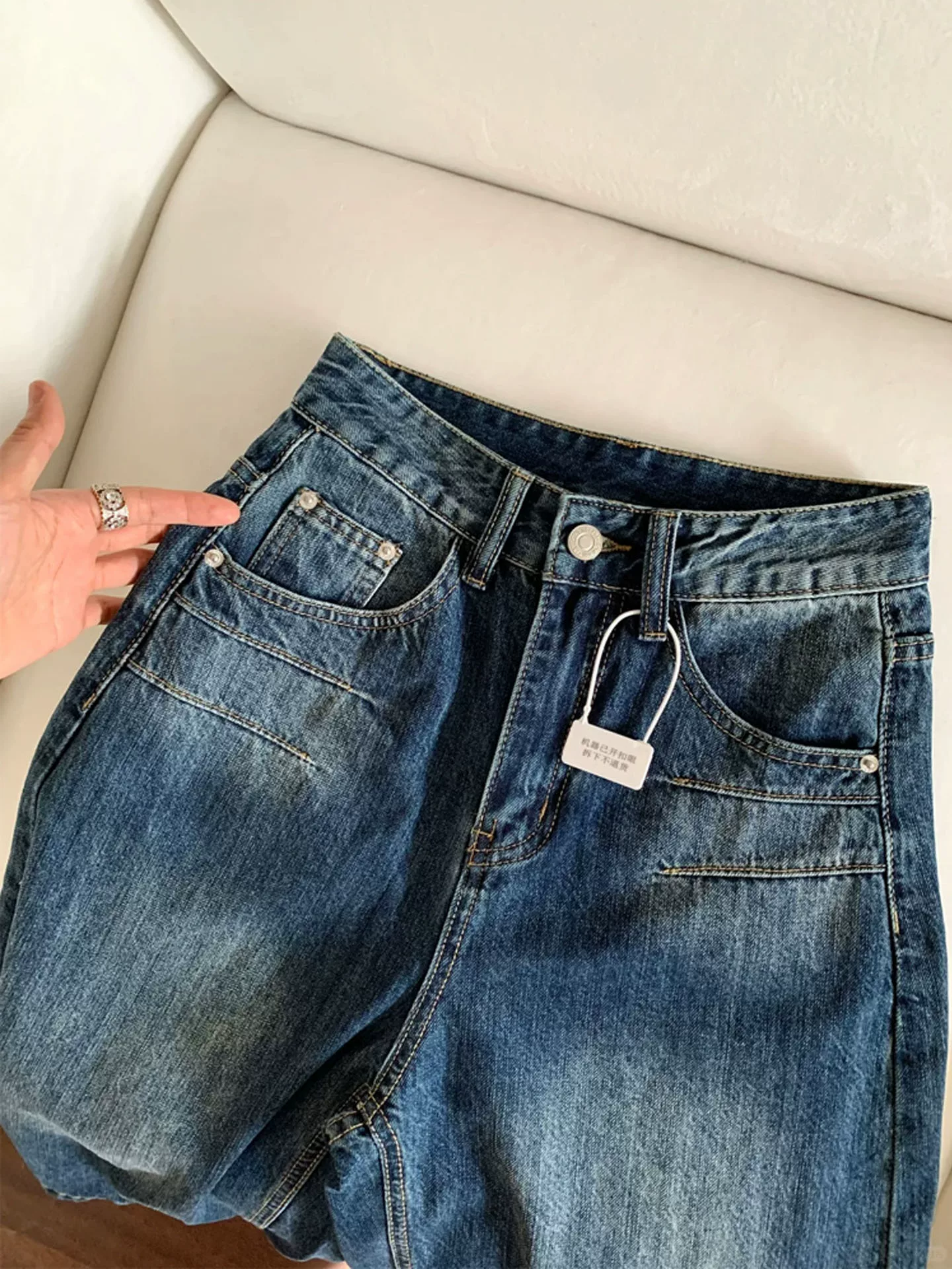 Quần jean xanh đậm dành cho nữ, cỡ lớn mùa hè, cạp cao, dáng rộng, tôn dáng, quần ống rộng dài vừa phải.