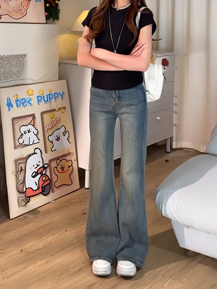 Quần jean xanh vintage dáng loe dành cho nữ, size lớn mùa hè, cạp cao, co giãn, che hông, tôn dáng, dành cho người có dáng quả lê, quần ống chuông