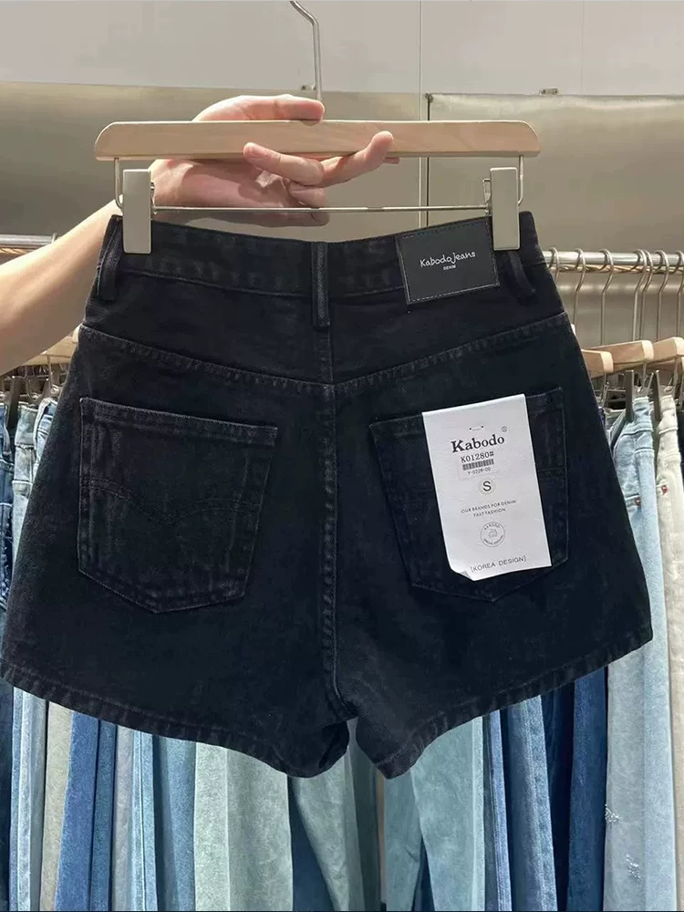 Quần short denim lưng cao màu đen dành cho nữ, dáng quả lê mùa hè, cỡ lớn, lưng cao, che hông, co giãn, quần chữ A tôn dáng