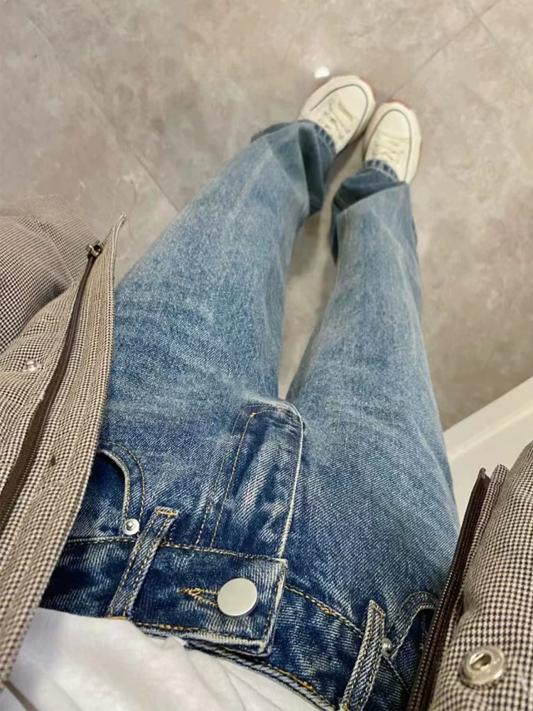 Quần jean ống thẳng dáng quả lê dành cho nữ, cỡ lớn, kiểu dáng mới mùa thu, che hông, lưng cao, dáng rộng, ống rộng, quần dài chạm sàn
