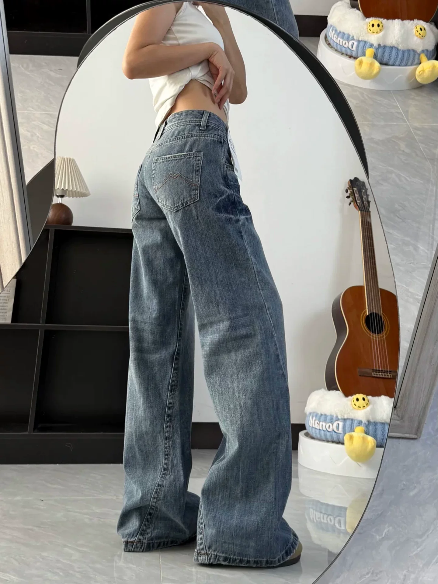 Quần jean ống loe kiểu Mỹ cổ điển dành cho nữ, mùa thu, cỡ lớn, cạp cao, dáng rộng, tôn dáng, quần ống loe không bó sát