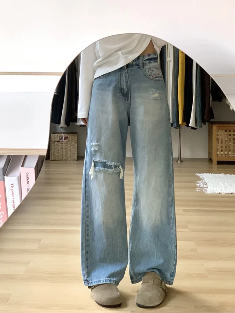 Quần jean ống đứng màu xanh nhạt dành cho nữ, thu đông 2025, size lớn, cạp cao, dáng rộng, tôn dáng, phù hợp với dáng người quả lê, quần ống rộng