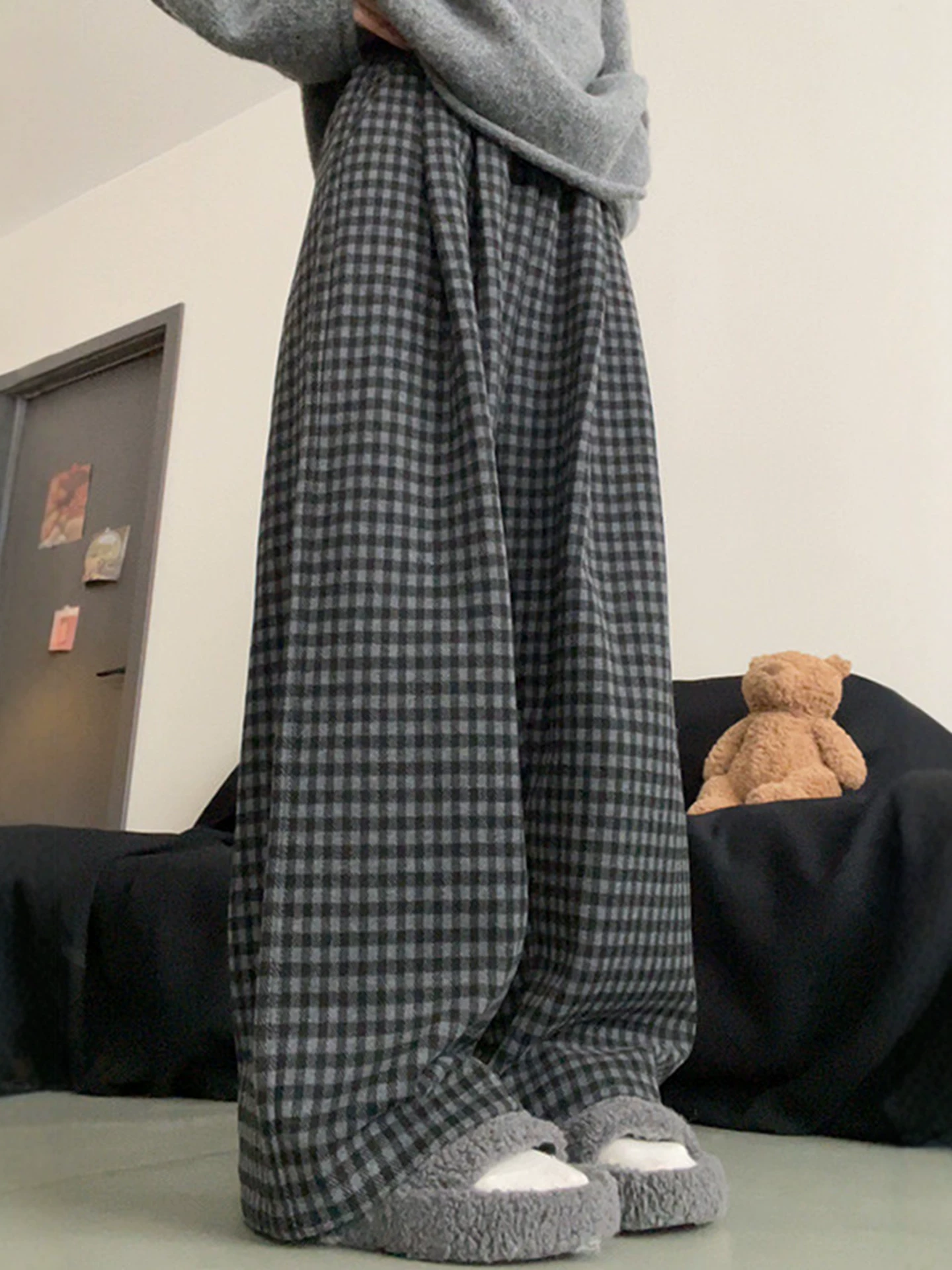 Quần ống rộng phong cách retro lười biếng dành cho nữ, lót lông cừu mùa đông, cỡ lớn, lưng cao, dáng rộng, mềm mại, tôn dáng, quần dài thường ngày