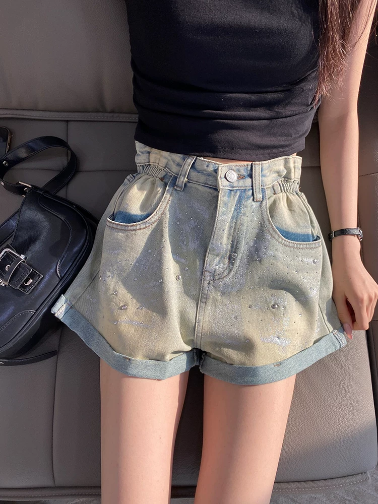 Quần short denim viền lượn sóng dành cho nữ, size lớn mùa hè, kiểu dáng thời trang đính đá cao cấp, cạp cao, dáng rộng, tôn dáng, quần ống rộng chữ A