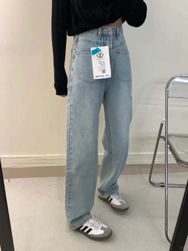 Quần jeans ống đứng màu xanh nhạt dành cho nữ thu đông 2024, size lớn, chất liệu lót lông dày giữ ấm, cạp cao, che hông, dáng rộng, tôn dáng