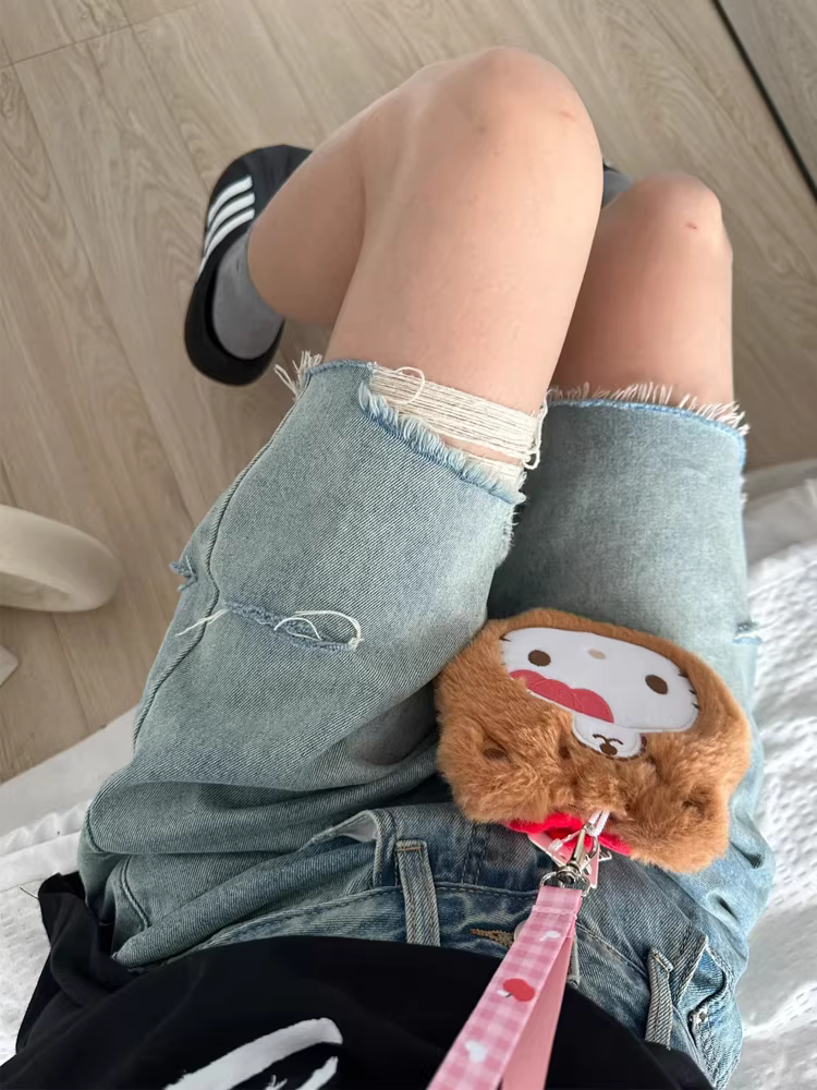 Quần short denim rách cho nữ, mùa hè, cỡ lớn, lưng cao, dáng rộng, giảm béo, dáng quả lê, chân thẳng, ống rộng, quần short dài vừa phải