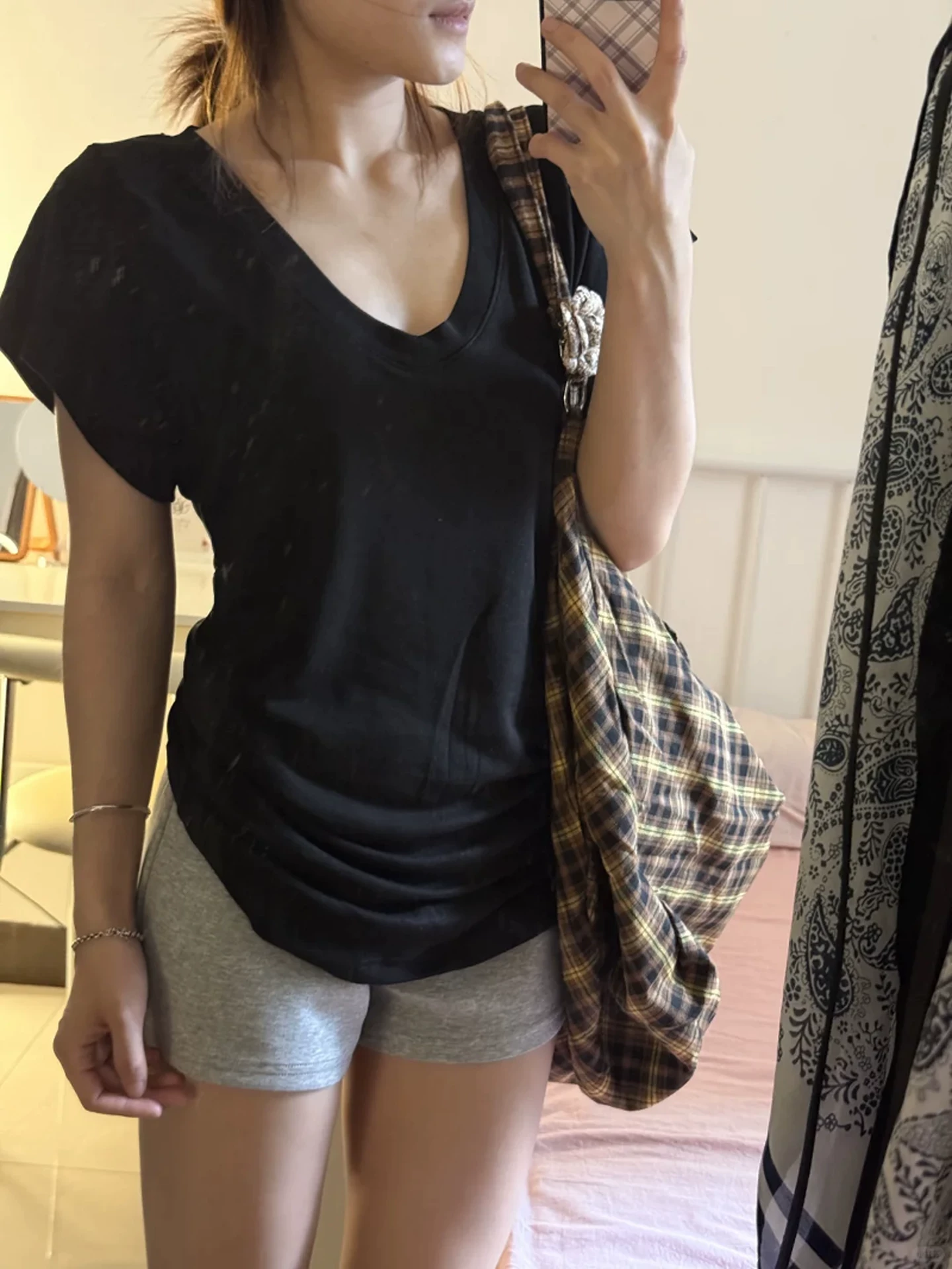 Quần short màu xám thường ngày dành cho nữ, mùa hè, cỡ lớn, lưng cao, co giãn, che hông, giảm béo, dáng quả lê, quần thể thao chữ A