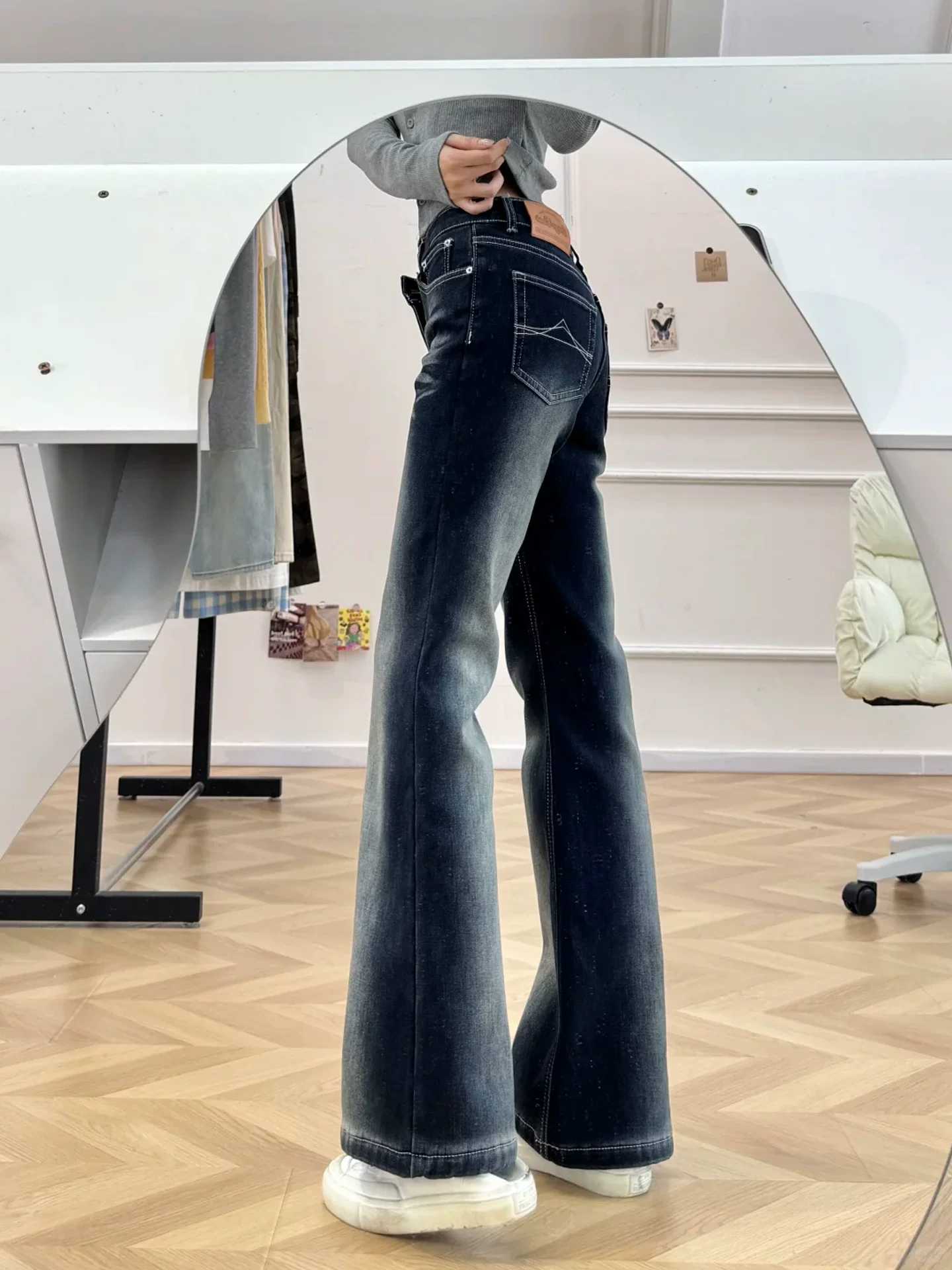 Quần jean ống loe kiểu Mỹ cổ điển dành cho nữ, mùa thu đông, cỡ lớn, lót lông cừu, dày dặn, cạp cao, co giãn, tôn dáng, quần dài chạm sàn