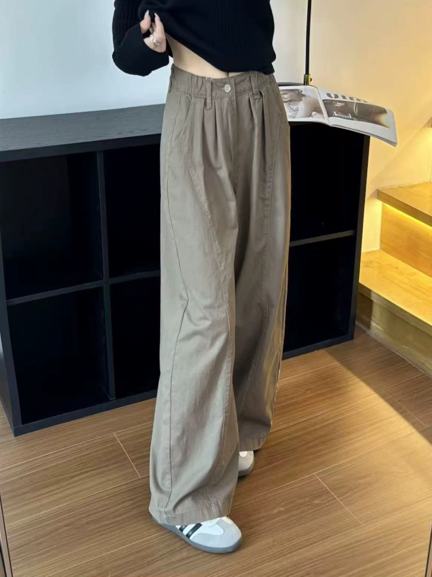 Quần kaki cargo kiểu Mỹ dành cho nữ, mùa thu, cỡ lớn, lưng cao, dáng rộng, tôn dáng, quần ống rộng kiểu scimitar