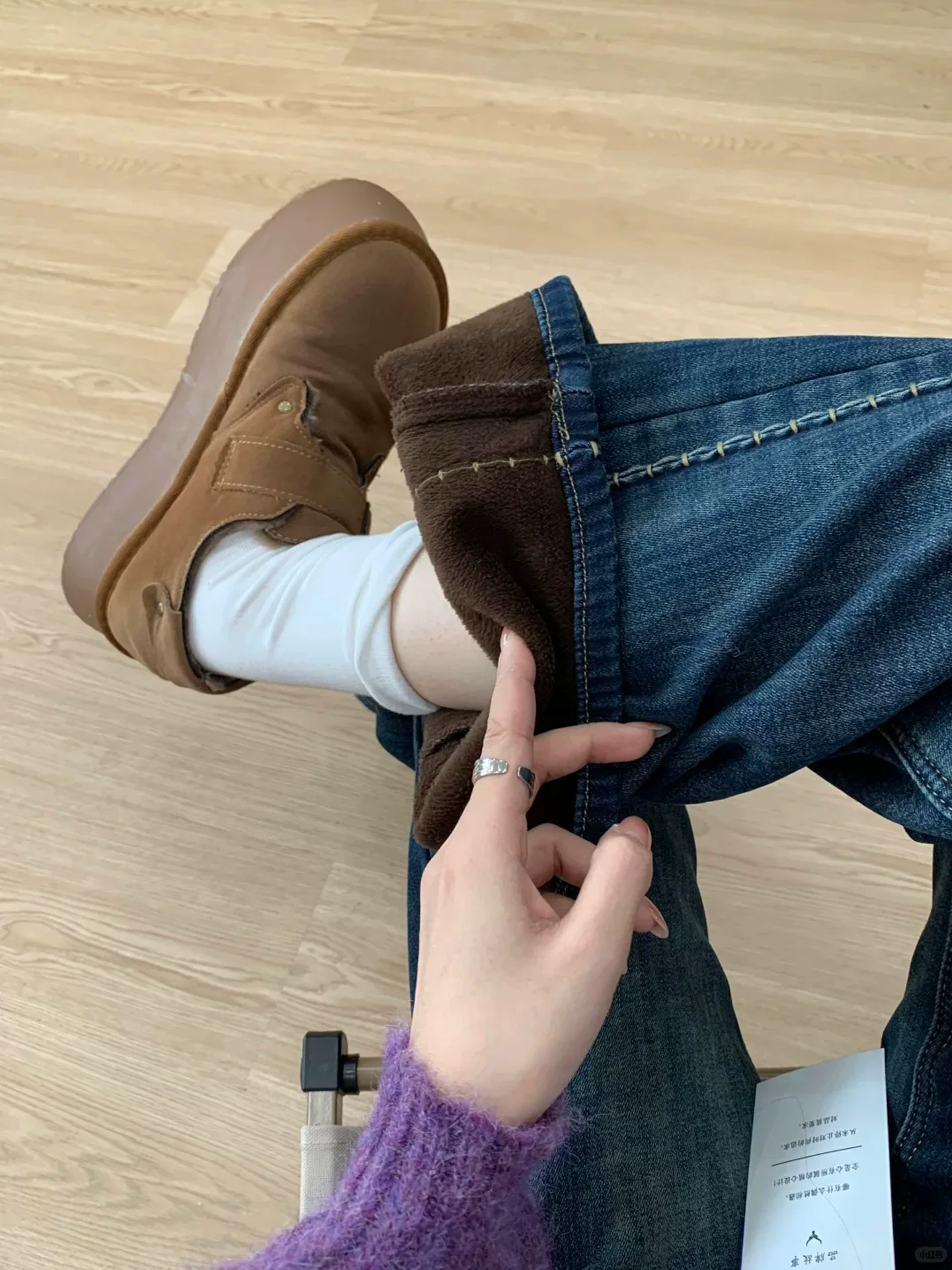 Quần jean ống loe dày lót lông màu xanh xám kiểu Mỹ dành cho nữ, mùa đông, cỡ lớn, lưng cao, dáng rộng, thon gọn, không bó sát ở chân, quần ống loe