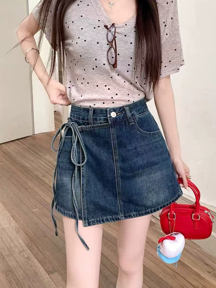 Váy denim dành cho nữ, phong cách mùa hè, cỡ lớn, lưng cao, che hông, thon gọn, dáng bất quy tắc, quần váy ngắn bodycon chữ A.