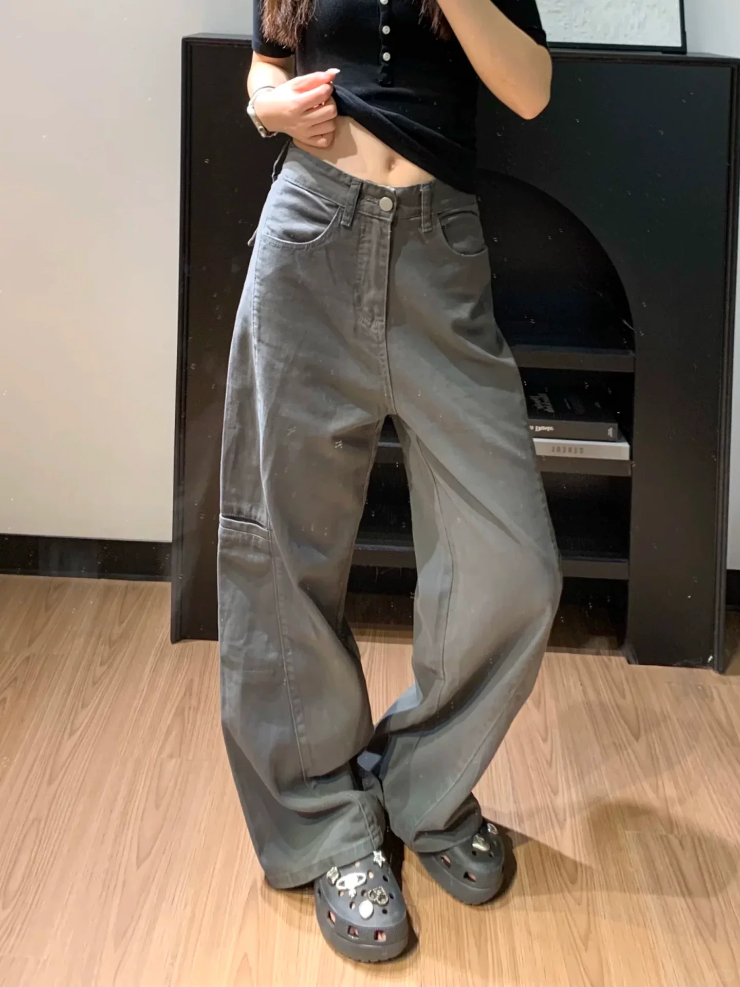 Quần jean công sở màu xám dành cho nữ có thân hình hình quả lê, quần ống rộng cạp cao che hông dáng rộng, cỡ lớn mùa thu