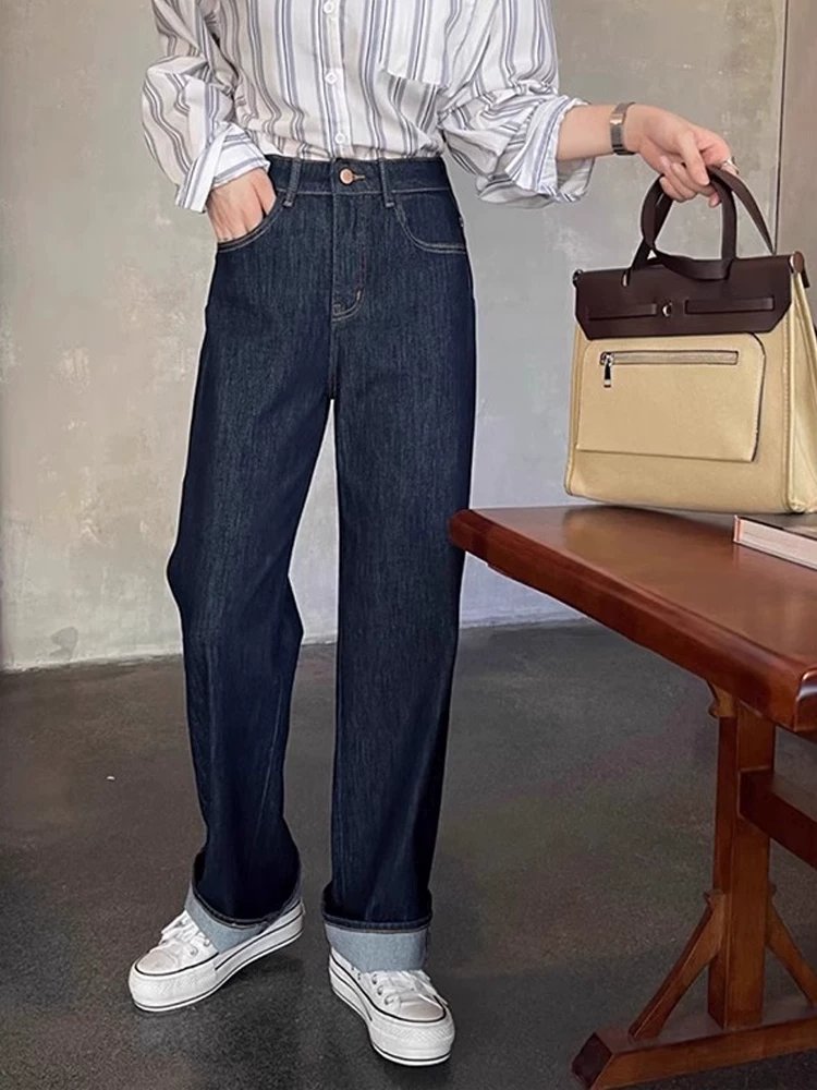 Quần jean ống rộng màu xanh đậm dành cho nữ, cỡ lớn, kiểu dáng mới mùa thu, lưng cao, dáng rộng, co giãn, giảm béo, ống thẳng, quần dài đến sàn.