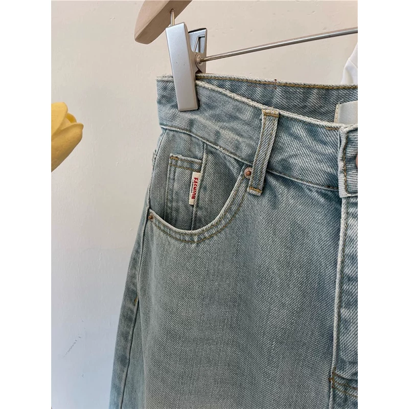 Quần short denim ống thẳng màu sáng dành cho nữ, mùa hè, cỡ lớn, lưng cao, dáng rộng, tôn dáng, đa năng, quần short ống rộng dài đến đầu gối kiểu chữ A.