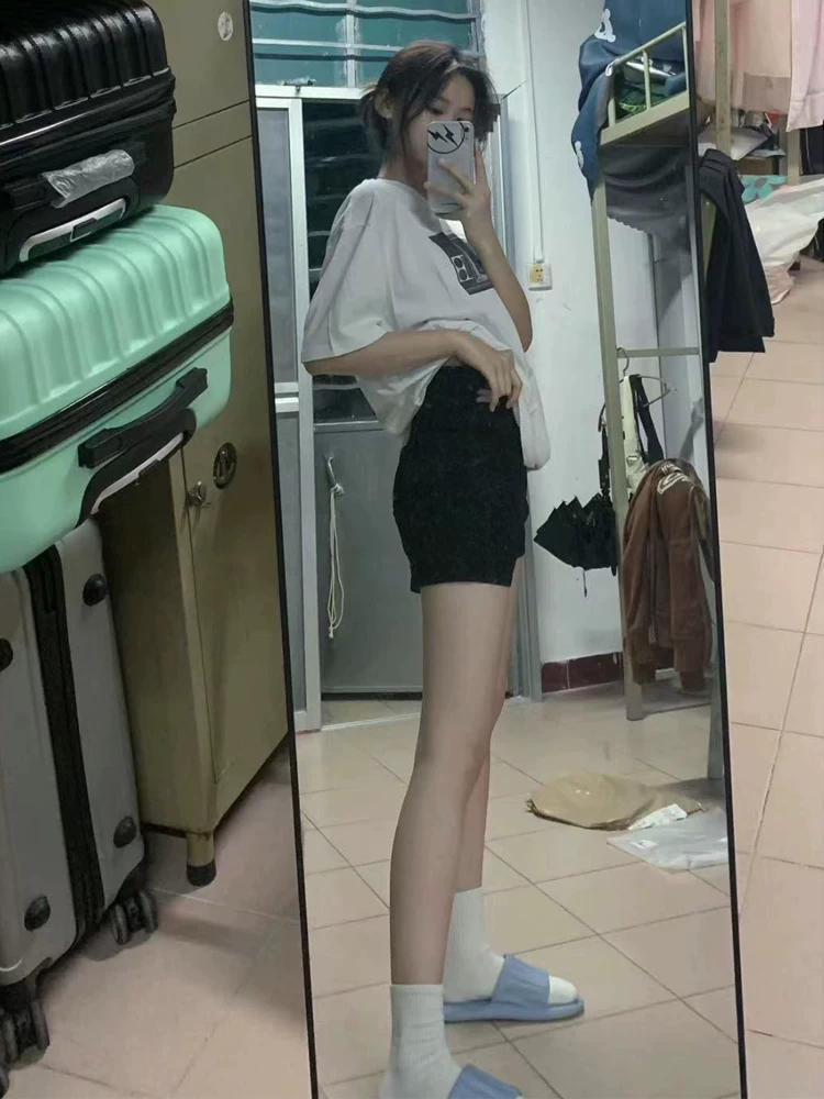 Quần short denim dáng lê dành cho nữ, size lớn mùa hè, cạp cao, che bụng, co giãn, tôn dáng, quần ống rộng dáng chữ A