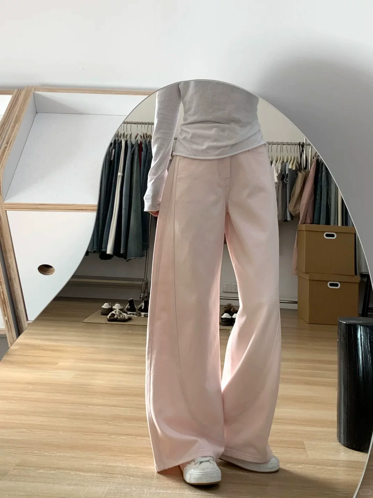 Quần ống rộng màu hồng dành cho nữ, kiểu mới thu đông 2025, size lớn, cạp cao, dáng rộng, tôn dáng, quần jean ống rộng thường ngày