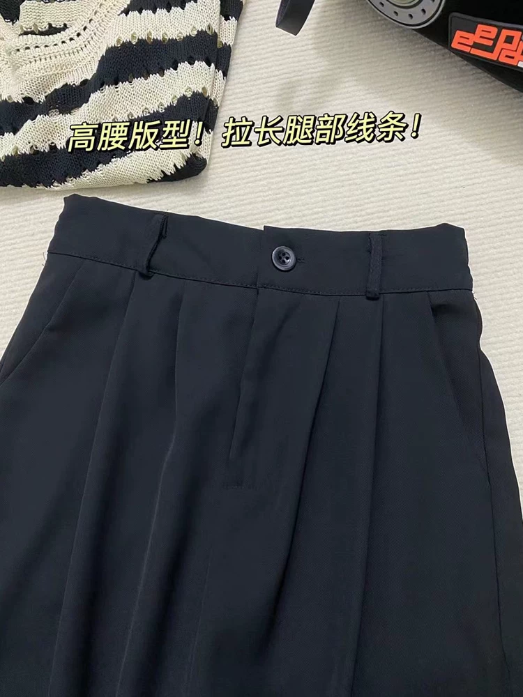Quần tây đen dành cho nữ, mùa hè, cỡ lớn, lưng cao, dáng rộng, tôn dáng, dáng quả lê, phong cách đầu thu, quần ống rộng thường ngày.