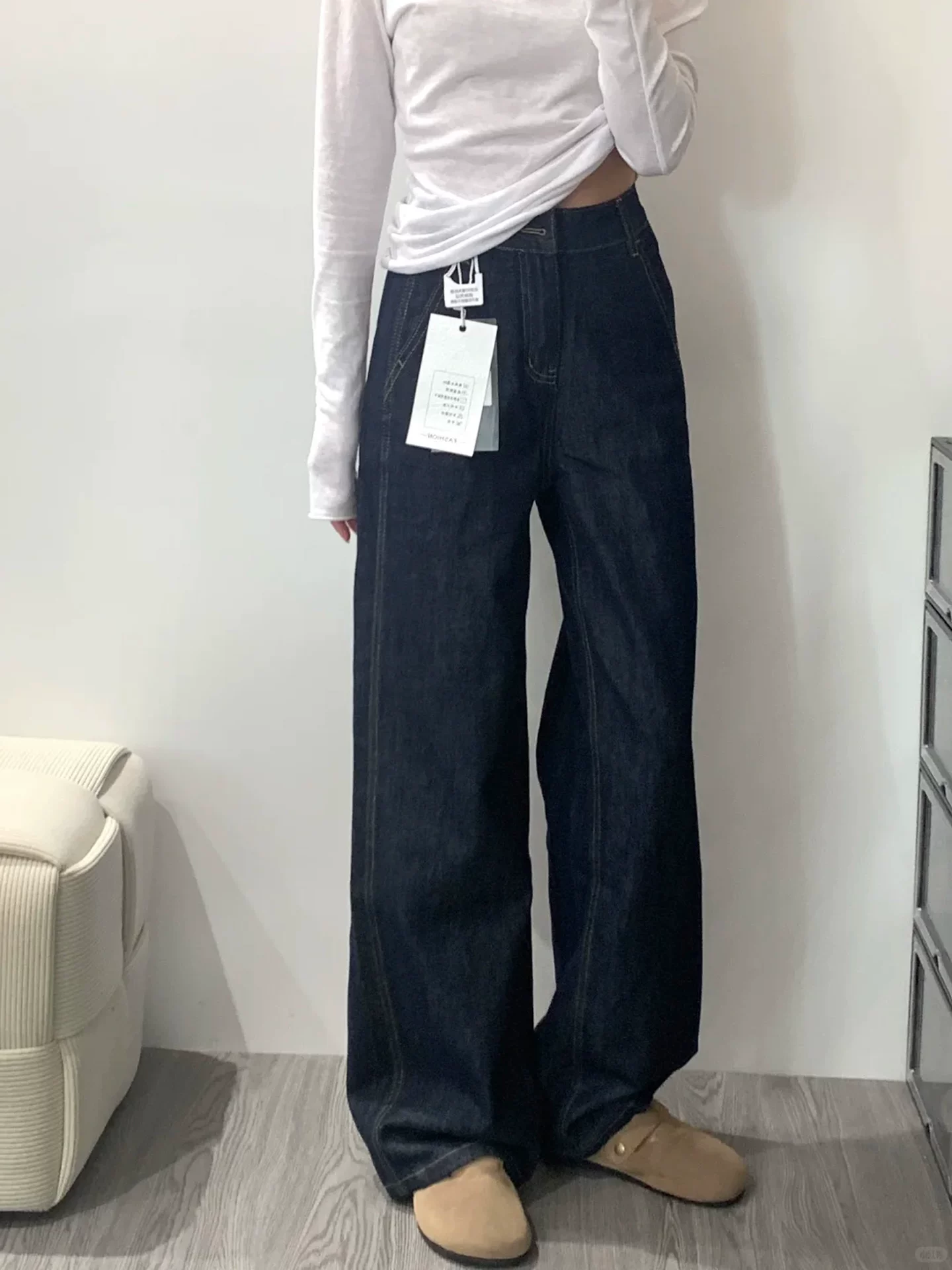 Quần jean ống đứng màu xanh đậm dành cho nữ, đầu thu, cỡ lớn, lưng cao, che hông, giảm béo, dáng quả lê, quần ống rộng hẹp