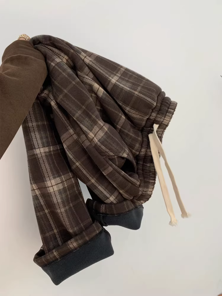 Quần âu kẻ sọc len cổ điển dành cho nữ, mùa thu đông, cỡ lớn, lót lông cừu, cạp cao, dáng suôn, che hông, giảm béo, quần ống rộng.