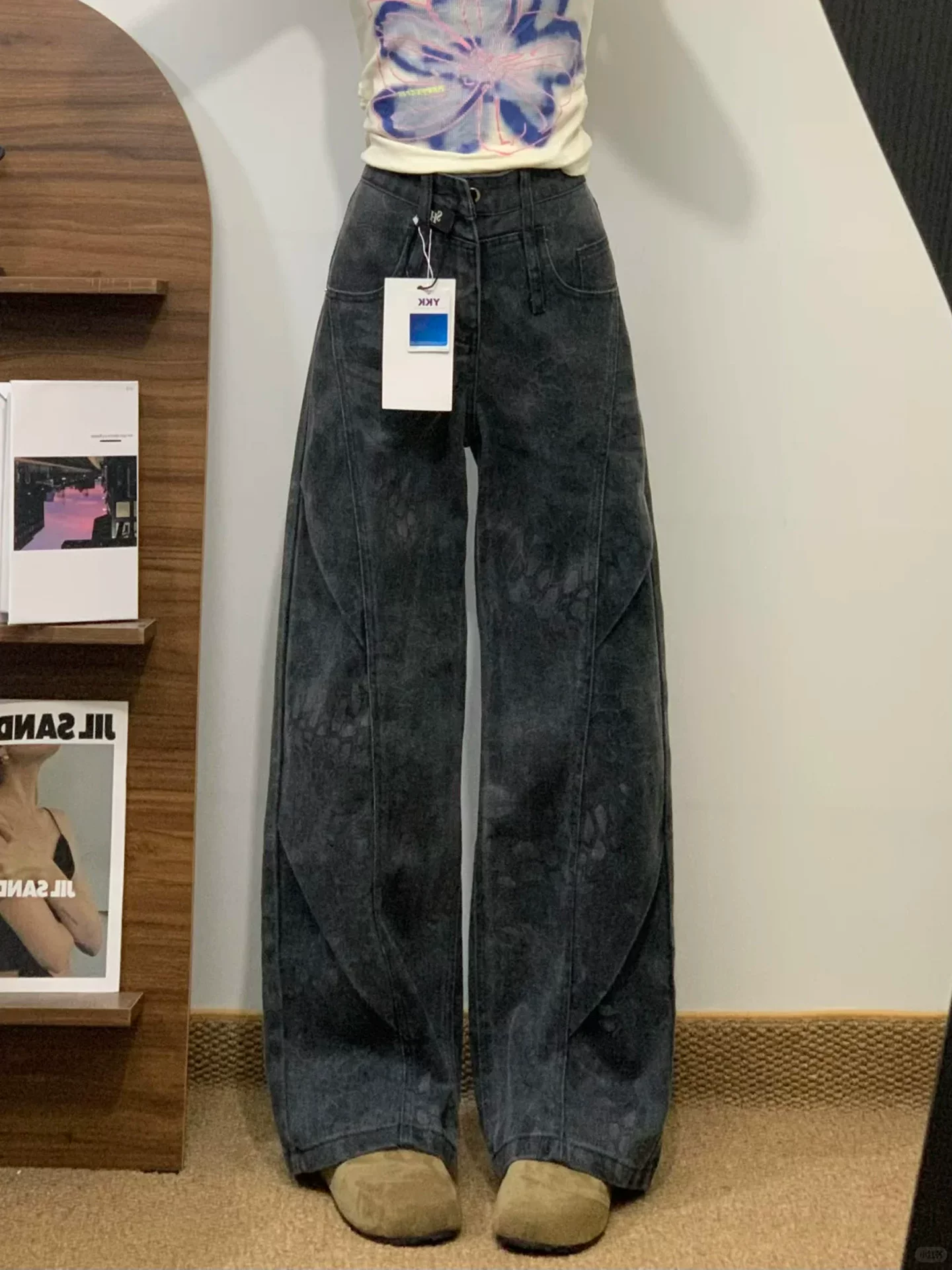 Quần jean ống rộng màu đen và xám dành cho nữ, mùa thu đông, lót lông cừu, cỡ lớn, lưng cao, rộng rãi, mềm mại, tôn dáng, quần dài chạm sàn.