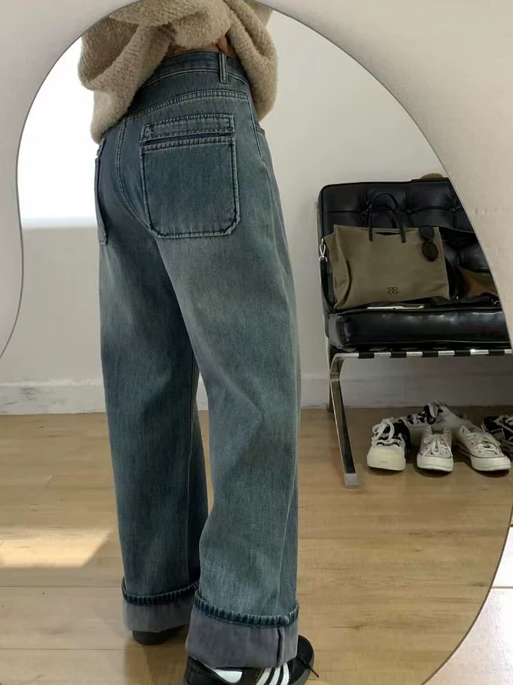 Quần jeans ống đứng nữ mùa đông 2024 kiểu mới lót lông dày dặn, size lớn, cạp cao, dáng rộng, che hông, tôn dáng, quần ống rộng