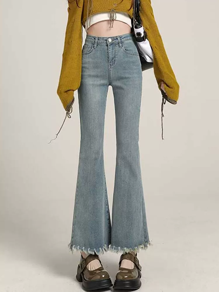 Quần jean dáng lửng, vạt xéo, kiểu dáng đầu thu, size lớn, cạp cao, co giãn, che hông, quần ống rộng tôn dáng dành cho nữ