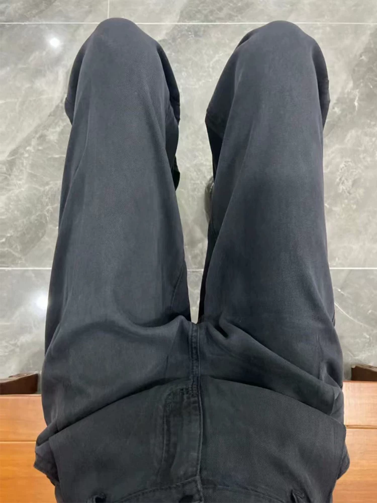 Quần jean ống đứng Tencel màu đen dành cho nữ, mùa xuân, cỡ lớn, lưng cao, dáng rộng, che hông, giảm béo, quần ống rộng bằng vải lụa băng