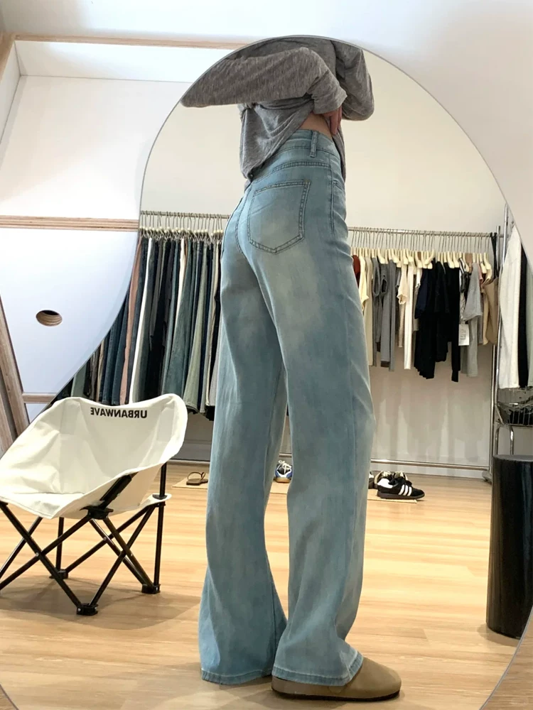 Quần jean Tencel màu sáng dành cho nữ, kiểu dáng mỏng mùa hè, cỡ lớn, cạp cao, che hông, quần ống loe thon gọn.