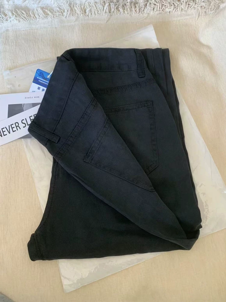 Quần jean đen Tencel ống thẳng, kiểu dáng mỏng mùa hè dành cho nữ cỡ lớn, cạp cao, tôn dáng, chất liệu lụa đá, quần ống rộng dài chạm sàn