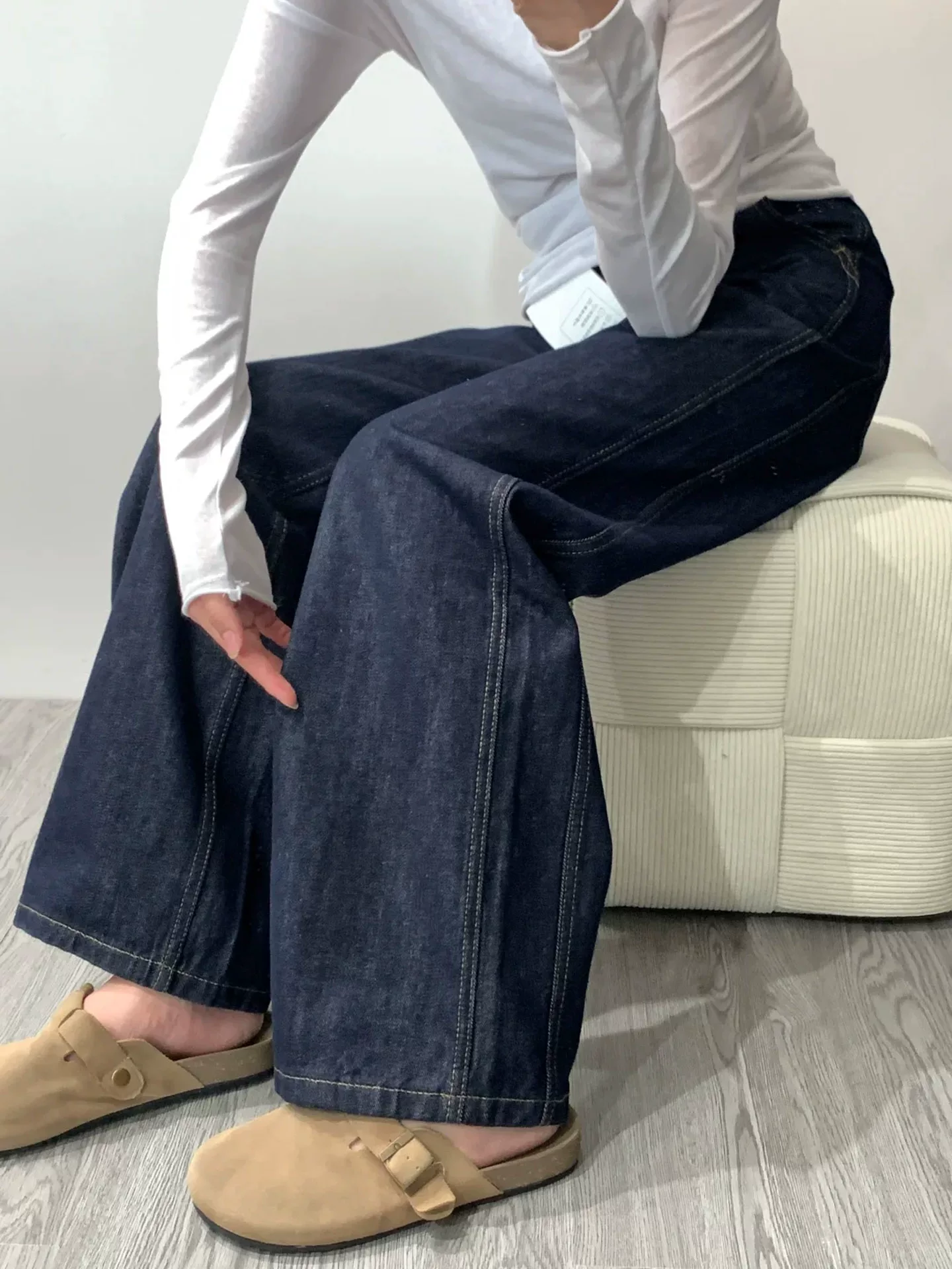 Quần jean ống đứng màu xanh đậm dành cho nữ, đầu thu, cỡ lớn, lưng cao, che hông, giảm béo, dáng quả lê, quần ống rộng hẹp